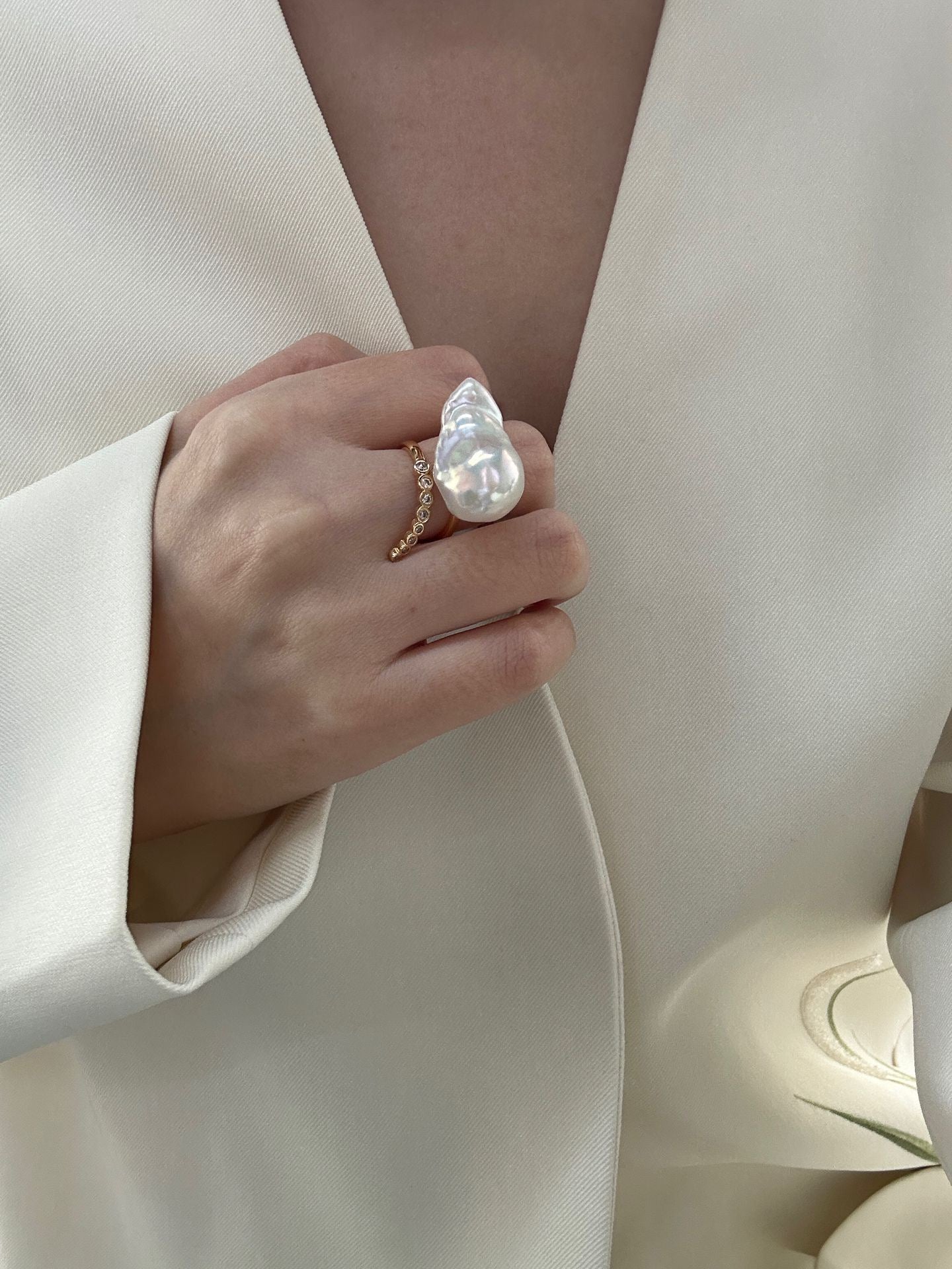 Diamond Line Baroque Pearl Ring