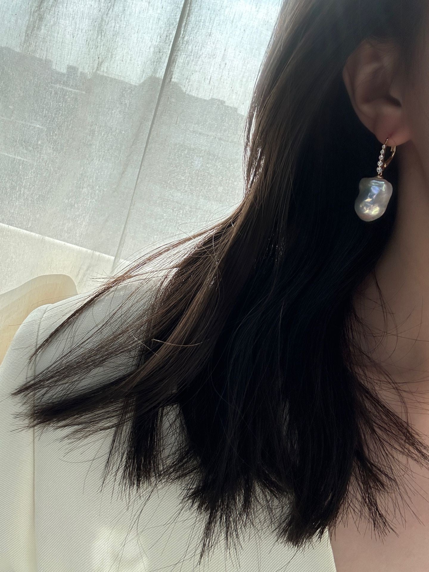 Diamond Line Baroque Pearl Earring