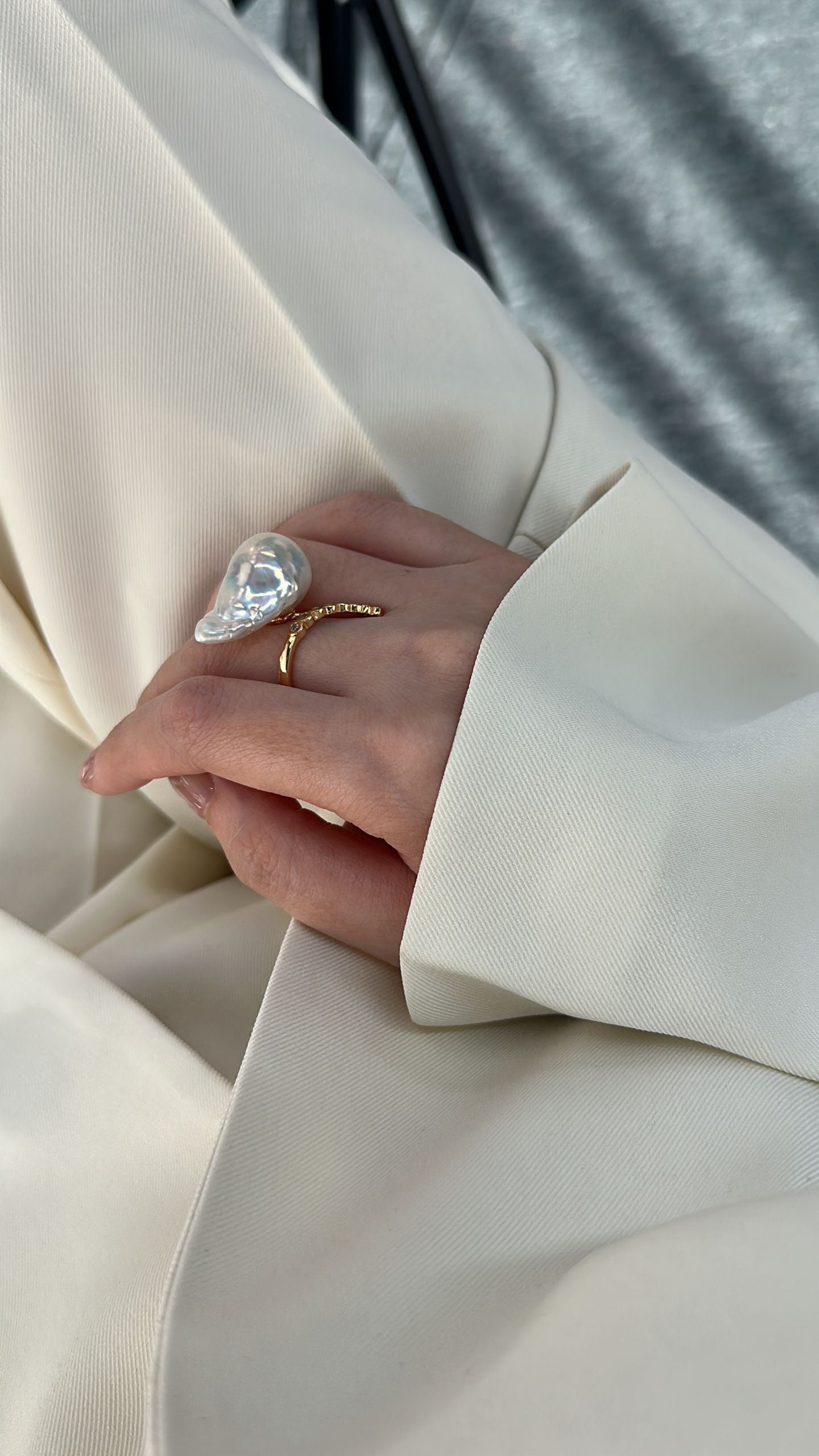 Diamond Line Baroque Pearl Ring