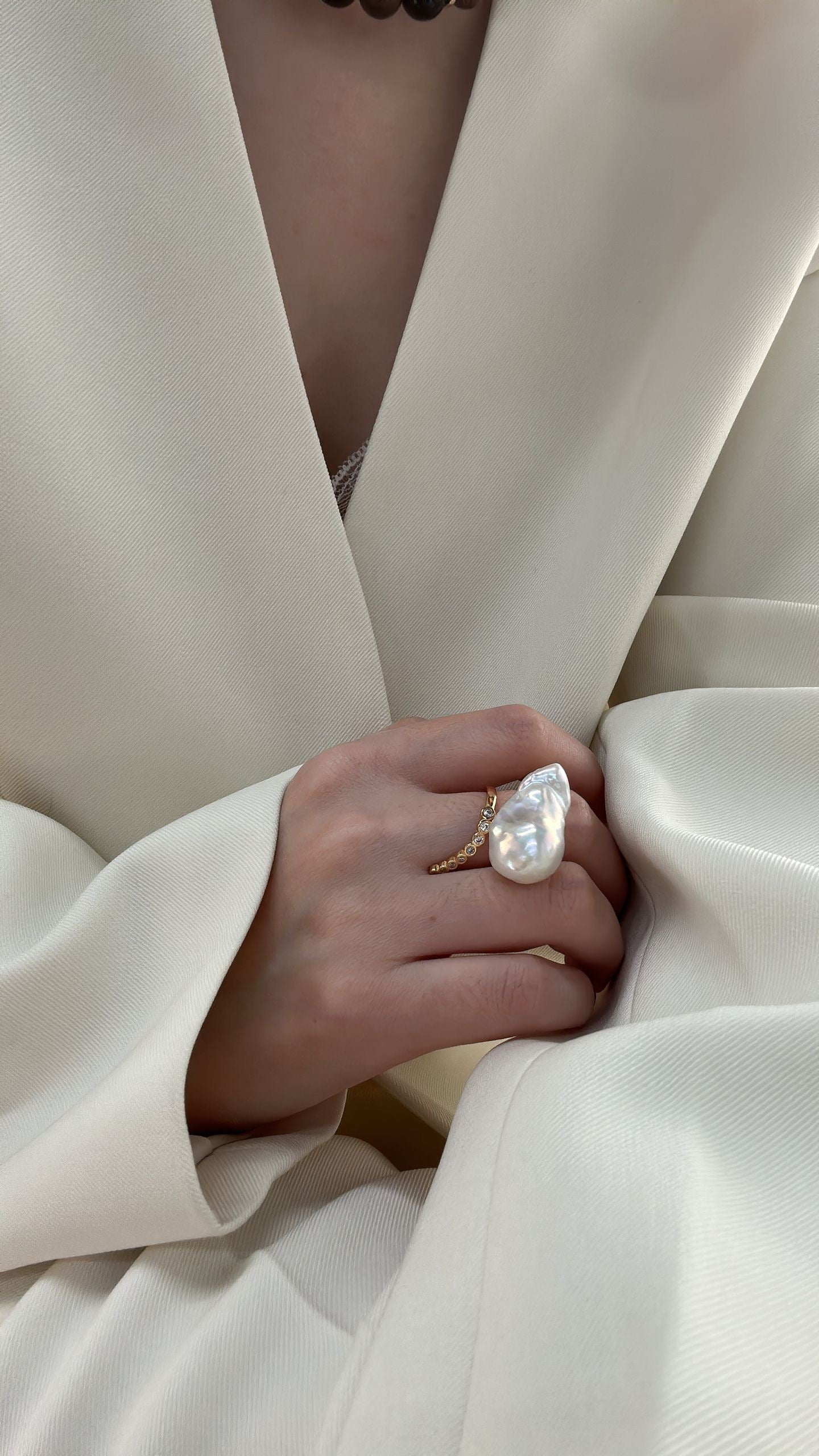 Diamond Line Baroque Pearl Ring